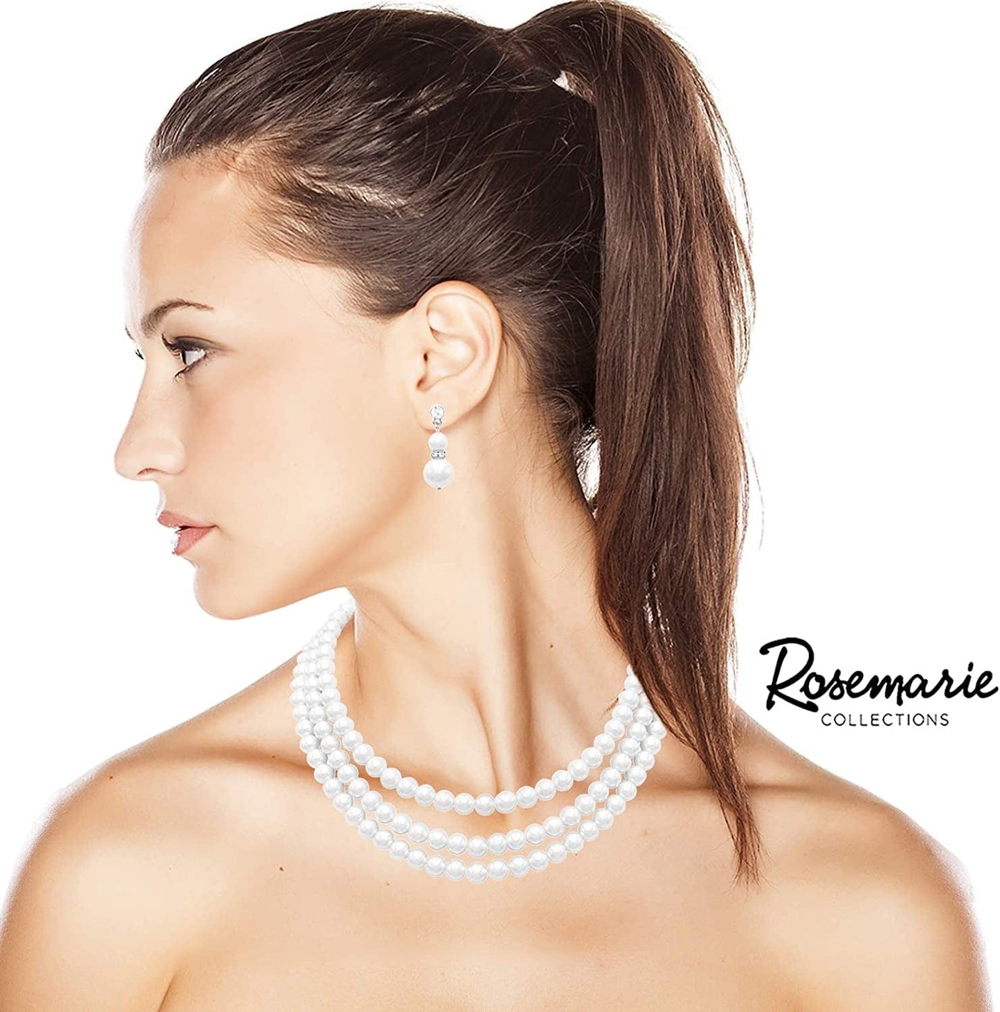 Women'S Multi Strand Classic 8Mm Faux Pearl Necklace and Earrings Jewelry Set, 16"-19" with 3" Extender