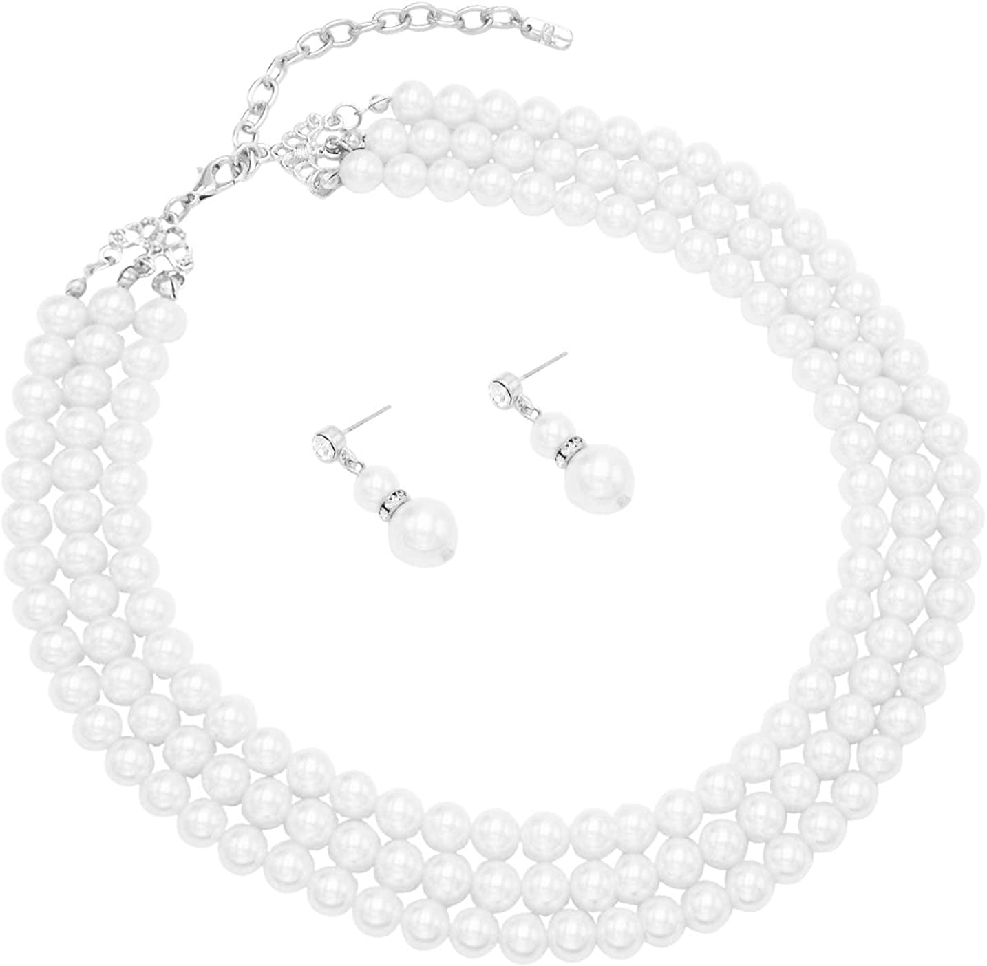 Women'S Multi Strand Classic 8Mm Faux Pearl Necklace and Earrings Jewelry Set, 16"-19" with 3" Extender