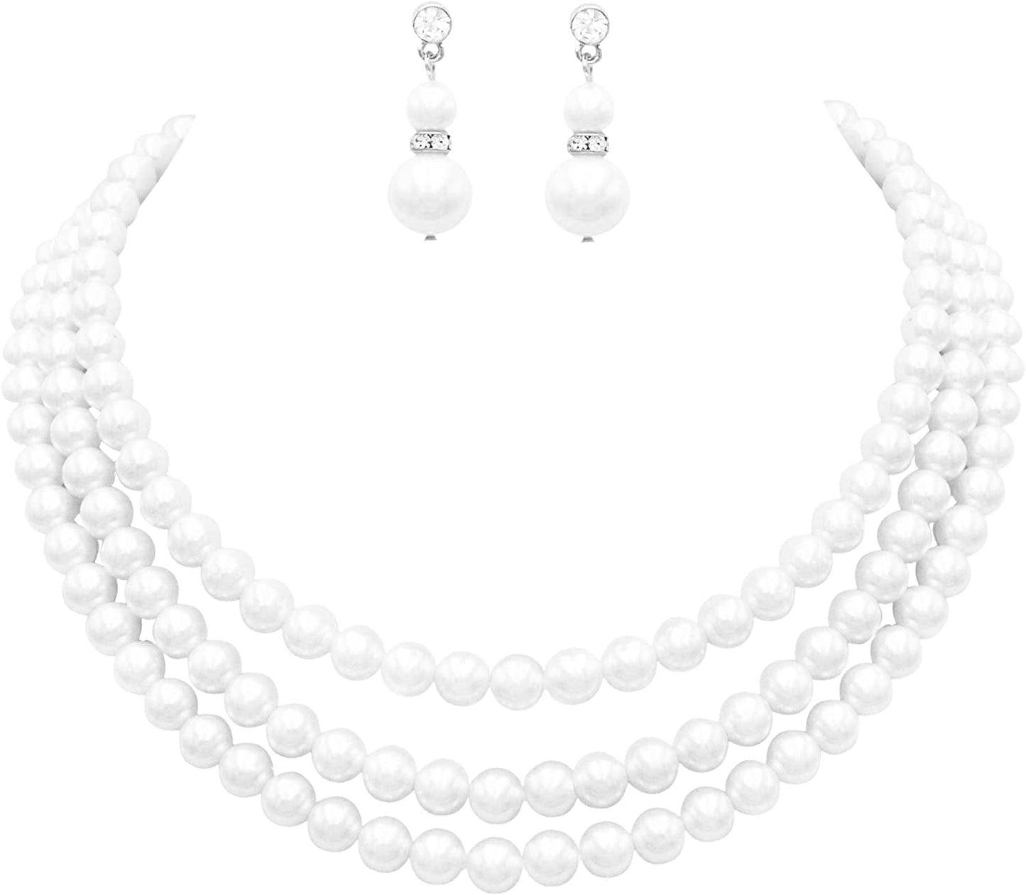 Women'S Multi Strand Classic 8Mm Faux Pearl Necklace and Earrings Jewelry Set, 16"-19" with 3" Extender White/Silver Tone