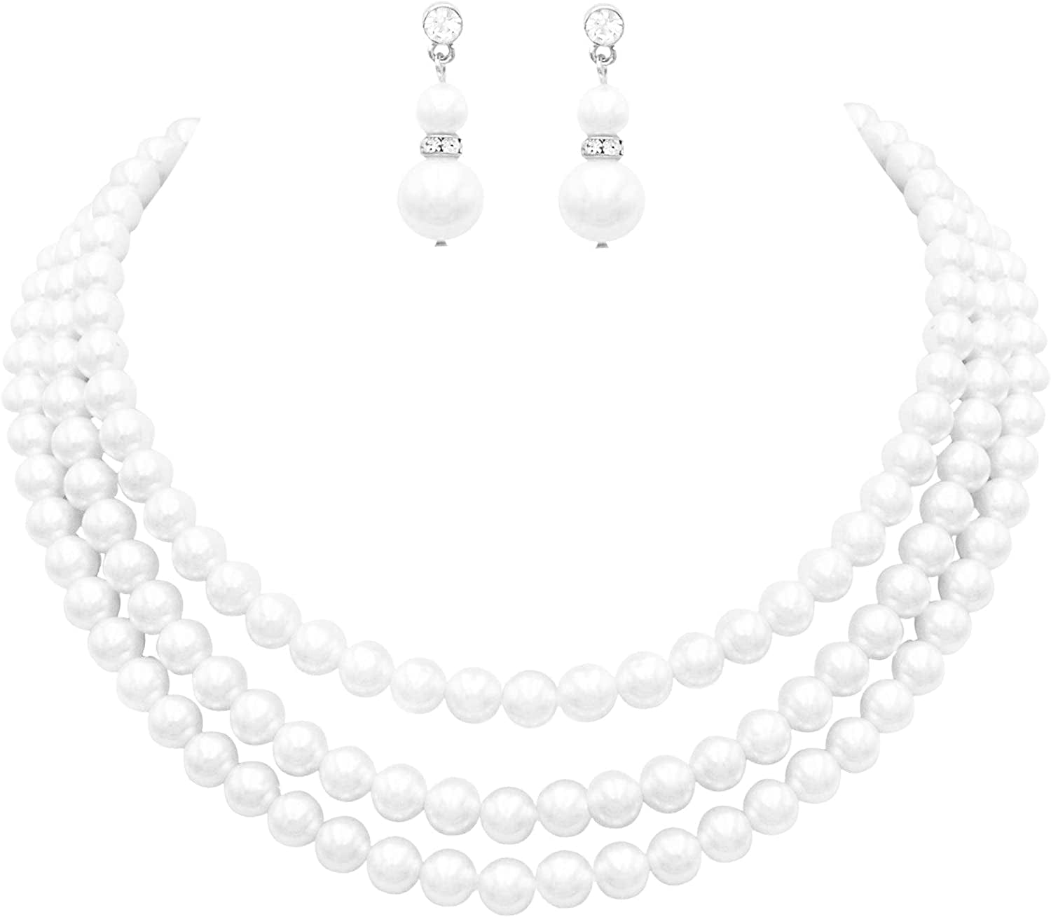 Women'S Multi Strand Classic 8Mm Faux Pearl Necklace and Earrings Jewelry Set, 16"-19" with 3" Extender White/Silver Tone