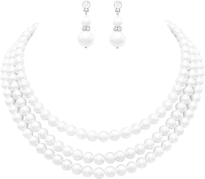 Women'S Multi Strand Classic 8Mm Faux Pearl Necklace and Earrings Jewelry Set, 16"-19" with 3" Extender White/Silver Tone