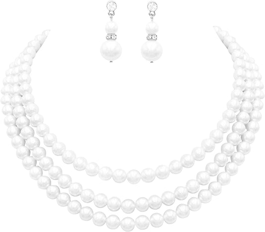 Women'S Multi Strand Classic 8Mm Faux Pearl Necklace and Earrings Jewelry Set, 16"-19" with 3" Extender White/Silver Tone