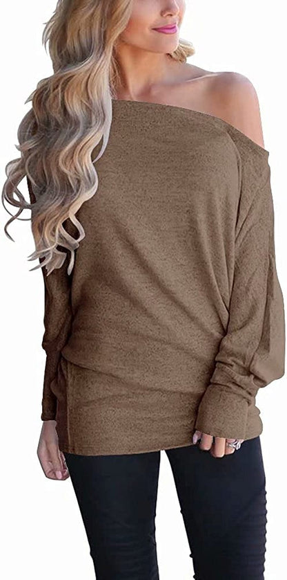 Women'S off Shoulder Long Sleeve Oversized Pullover Sweater Knit Jumper Loose Tunic Tops Coffee / Small