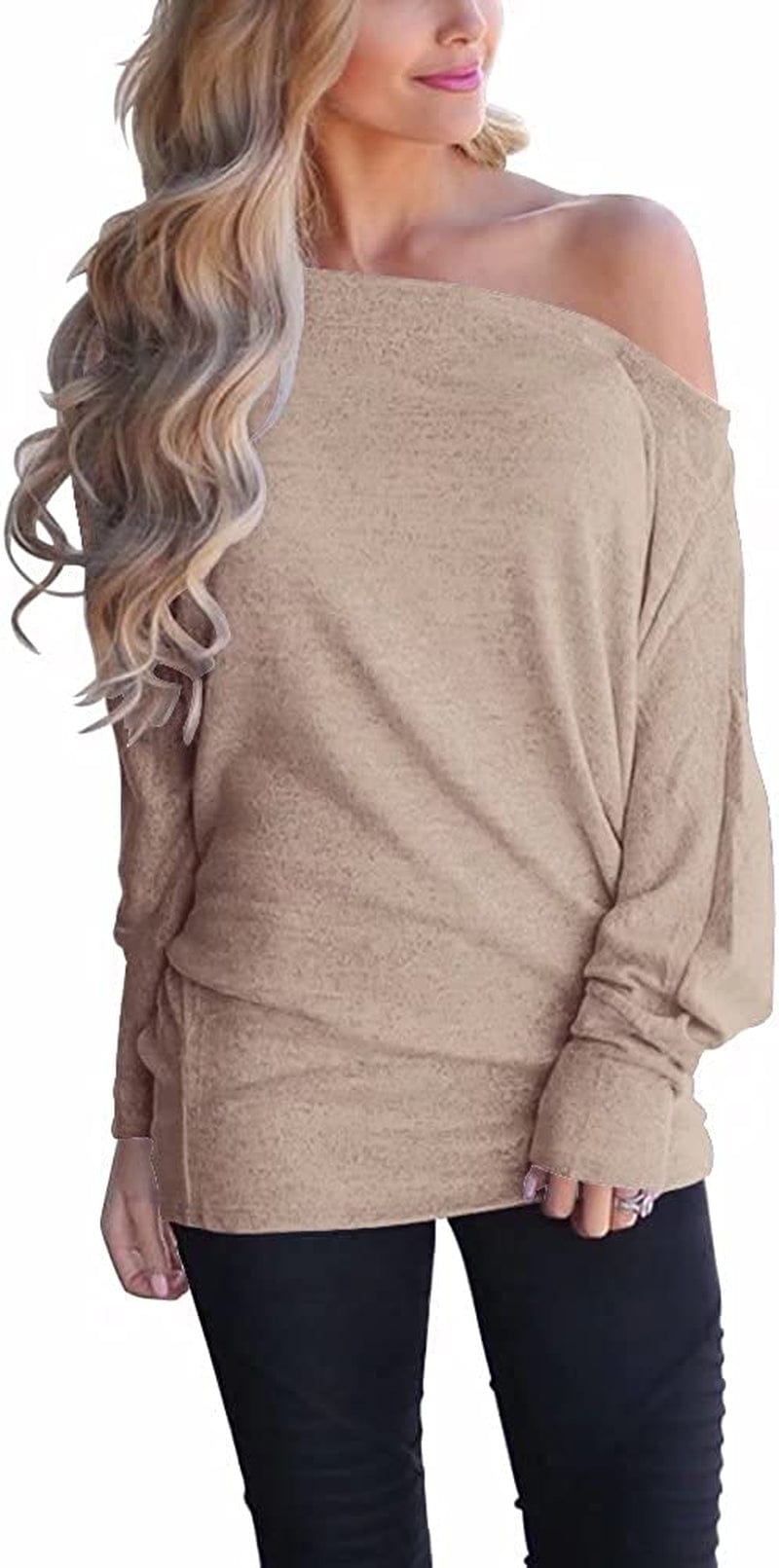 Women'S off Shoulder Long Sleeve Oversized Pullover Sweater Knit Jumper Loose Tunic Tops Khaki pink / Small