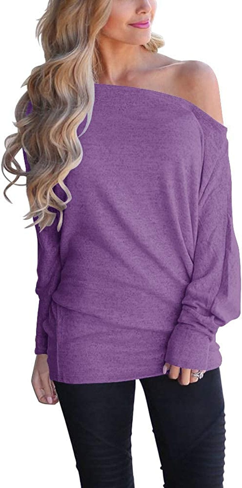 Women'S off Shoulder Long Sleeve Oversized Pullover Sweater Knit Jumper Loose Tunic Tops Purple / Large