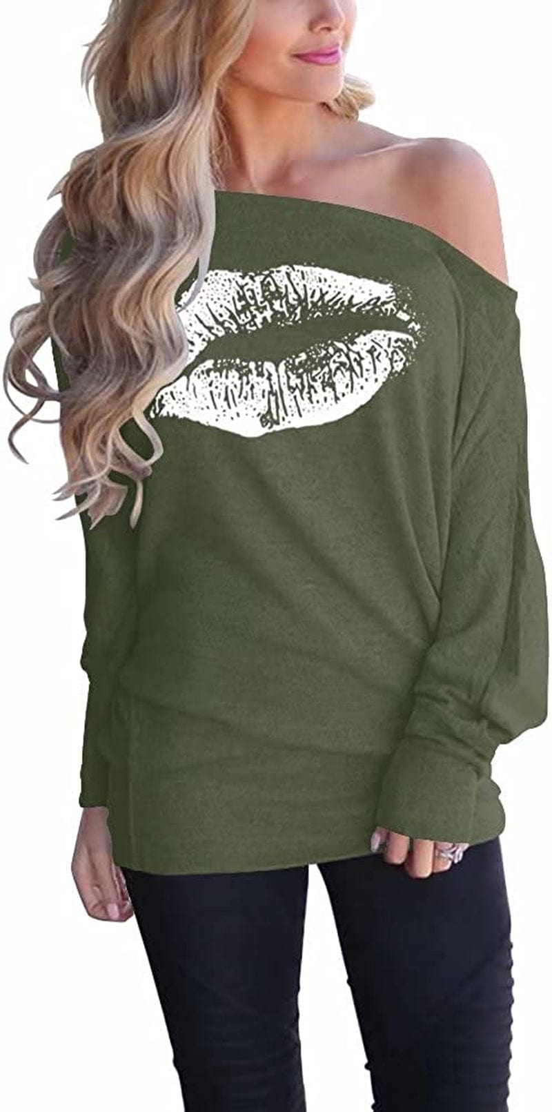 Women'S off Shoulder Long Sleeve Oversized Pullover Sweater Knit Jumper Loose Tunic Tops D2 Army Green-white / Small