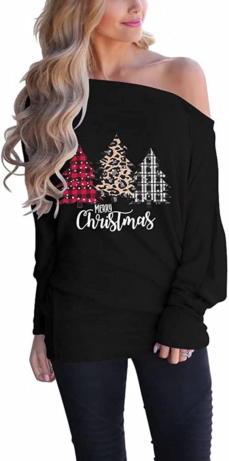 Women'S off Shoulder Long Sleeve Oversized Pullover Sweater Knit Jumper Loose Tunic Tops D0 Christmas Tree / Large