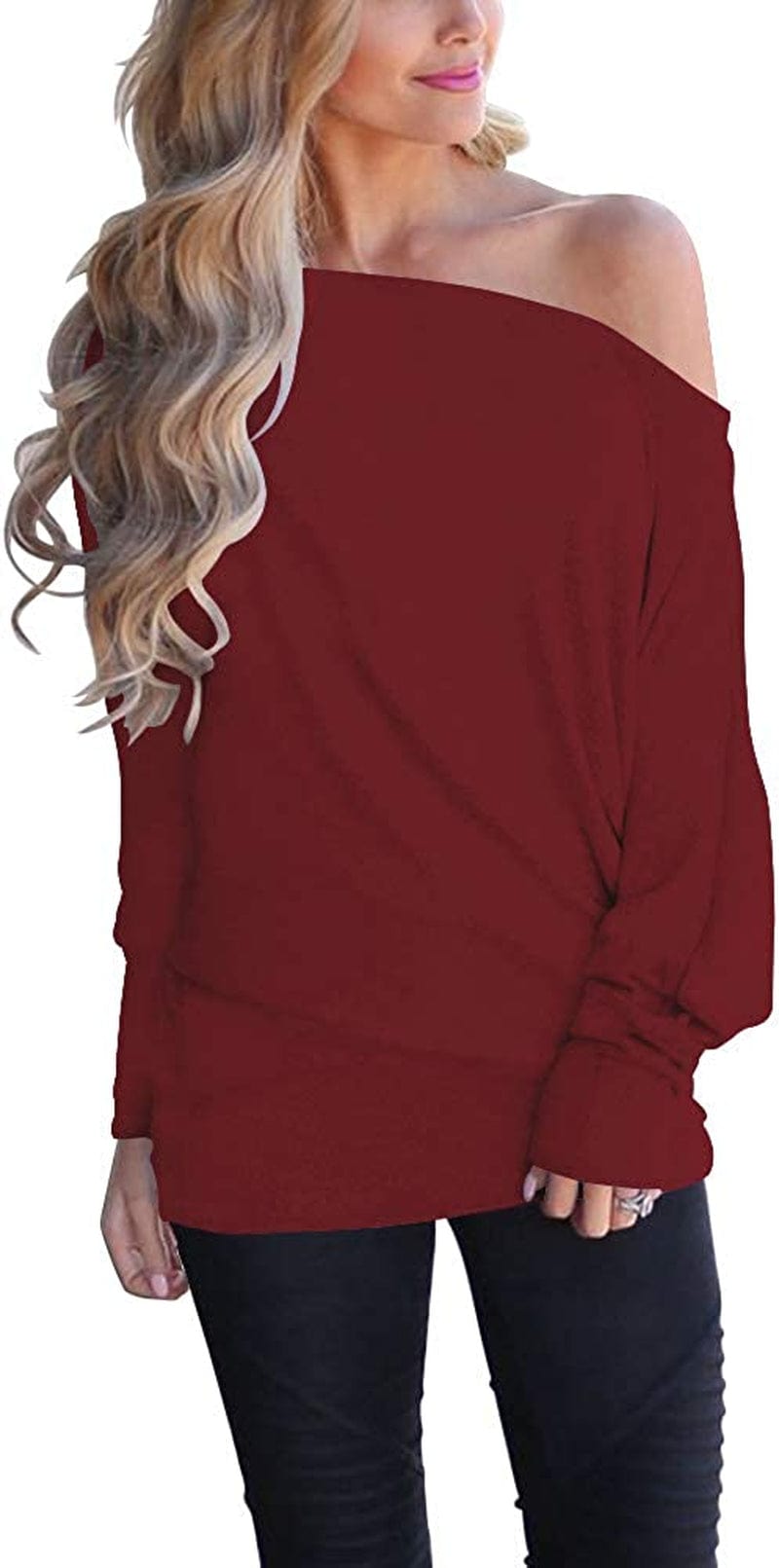 Women'S off Shoulder Long Sleeve Oversized Pullover Sweater Knit Jumper Loose Tunic Tops Wine Red / Large