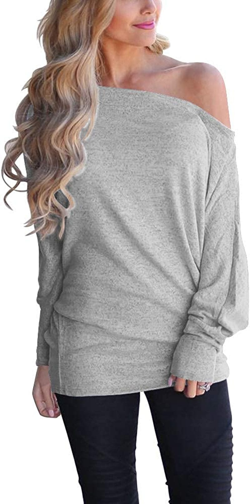 Women'S off Shoulder Long Sleeve Oversized Pullover Sweater Knit Jumper Loose Tunic Tops E-lightgray / Small