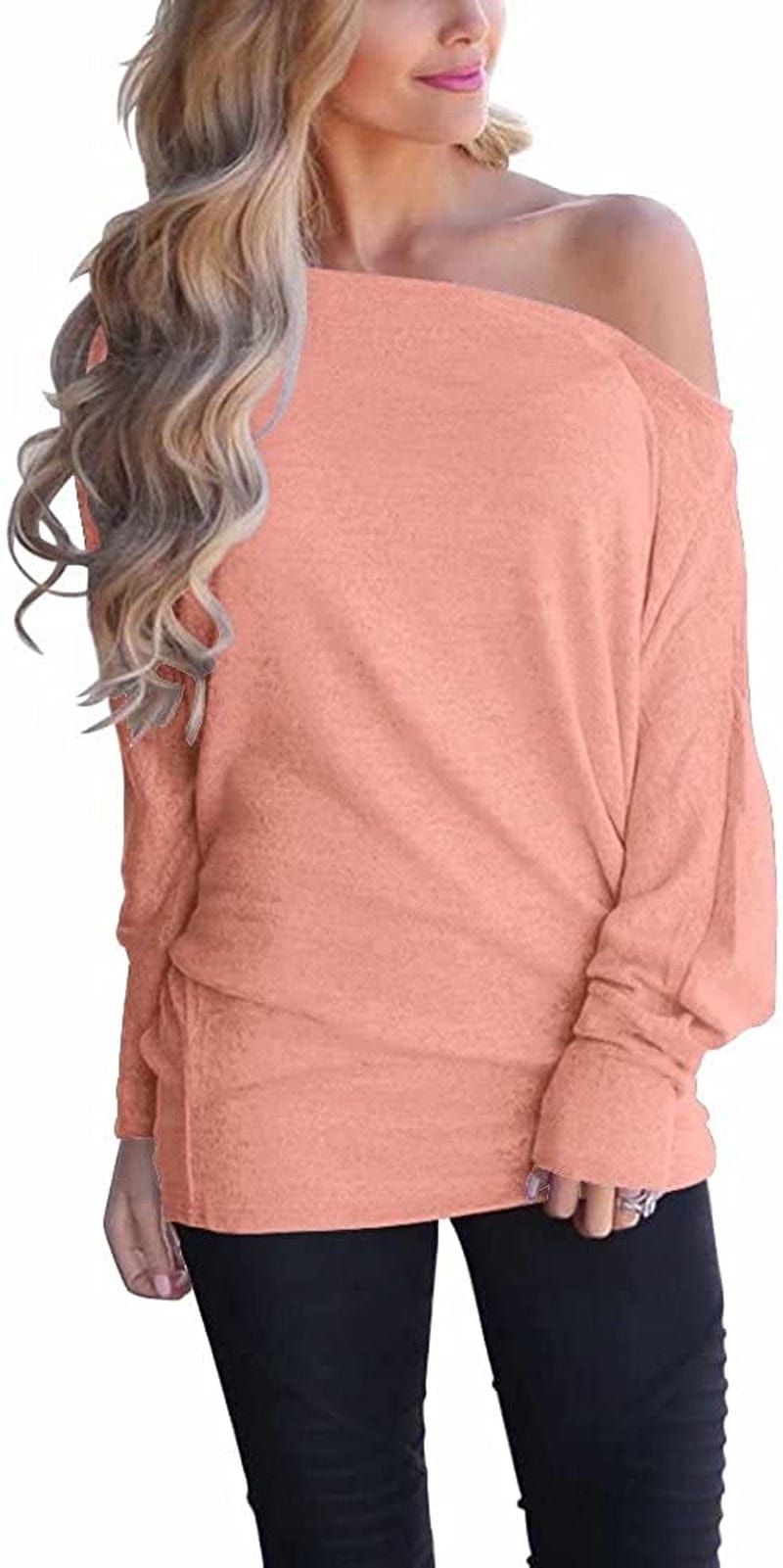 Women'S off Shoulder Long Sleeve Oversized Pullover Sweater Knit Jumper Loose Tunic Tops Blush / Small