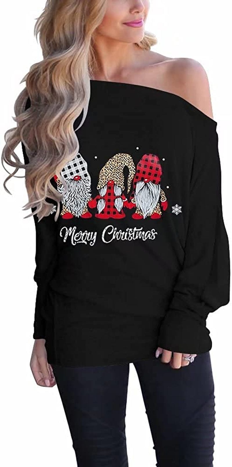 Women'S off Shoulder Long Sleeve Oversized Pullover Sweater Knit Jumper Loose Tunic Tops D0 Santa Claus / Small