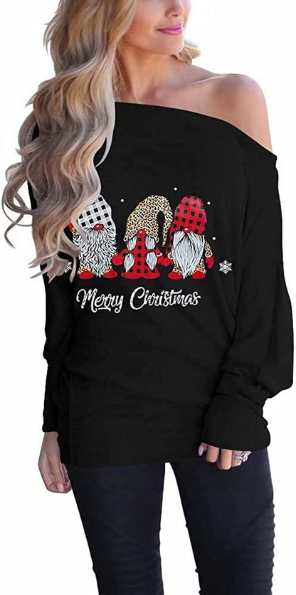 Women'S off Shoulder Long Sleeve Oversized Pullover Sweater Knit Jumper Loose Tunic Tops D0 Santa Claus / Small