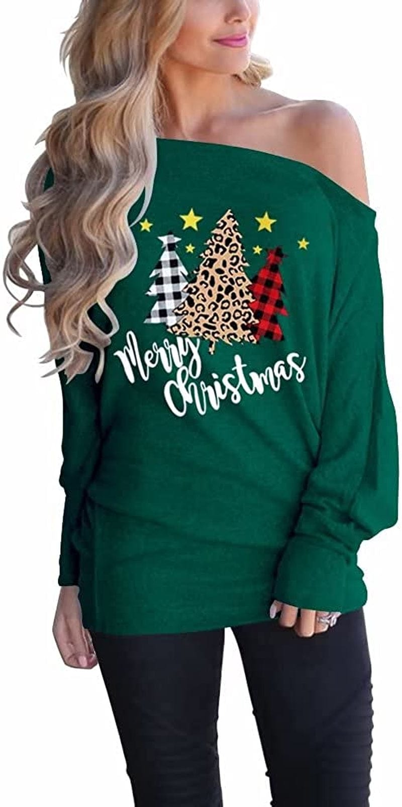 Women'S off Shoulder Long Sleeve Oversized Pullover Sweater Knit Jumper Loose Tunic Tops D0 Dark Green Christmas Tree / XX-Large
