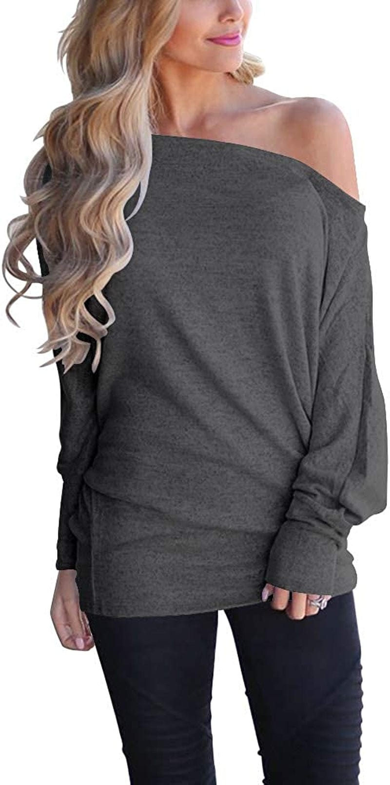 Women'S off Shoulder Long Sleeve Oversized Pullover Sweater Knit Jumper Loose Tunic Tops Deep Grey / Small