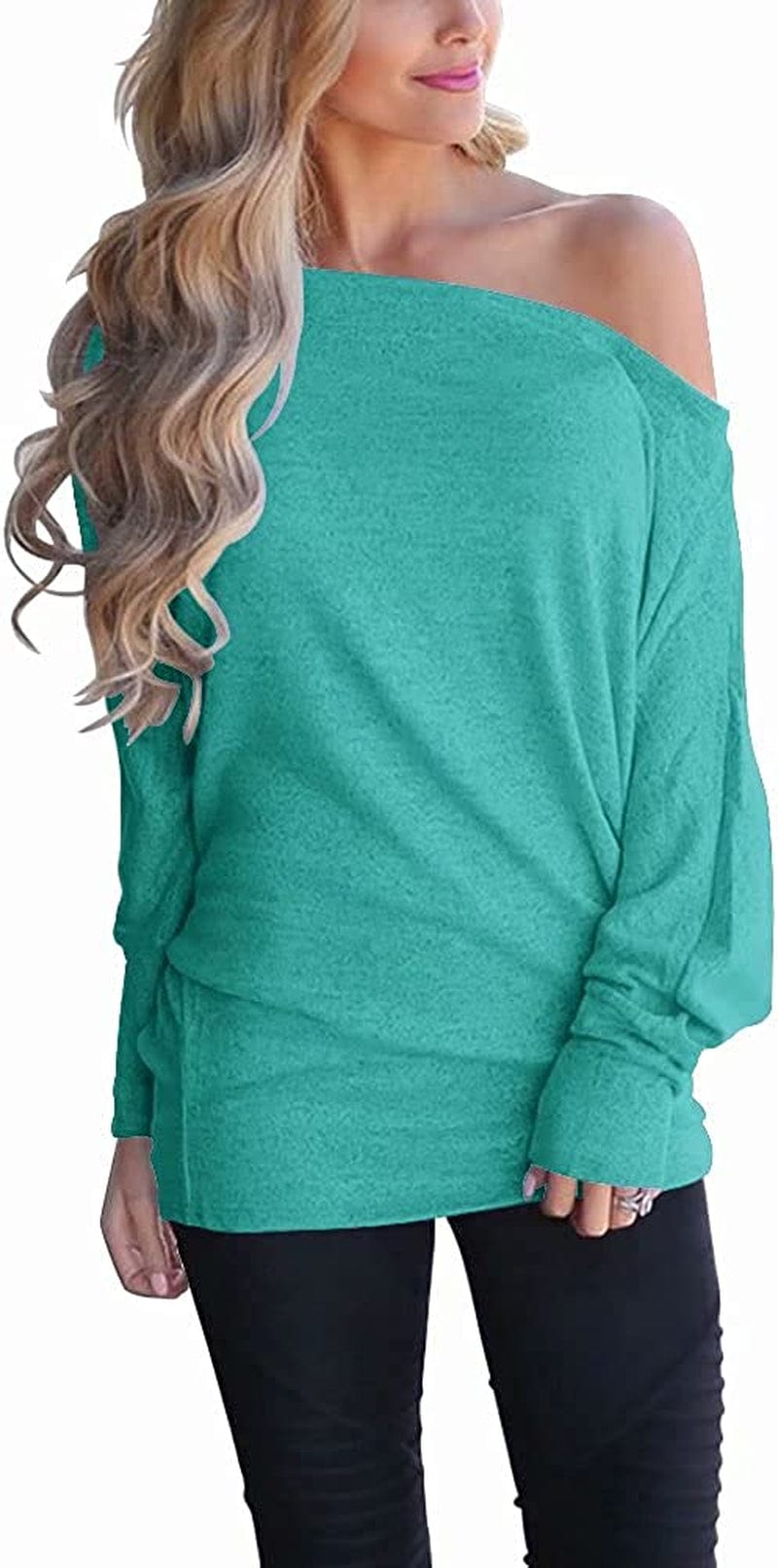 Women'S off Shoulder Long Sleeve Oversized Pullover Sweater Knit Jumper Loose Tunic Tops Grass Green / Small