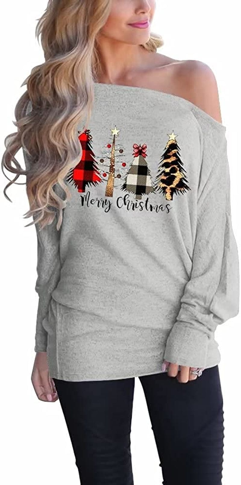 Women'S off Shoulder Long Sleeve Oversized Pullover Sweater Knit Jumper Loose Tunic Tops D0 Light Grey Christmas Four Trees / Small