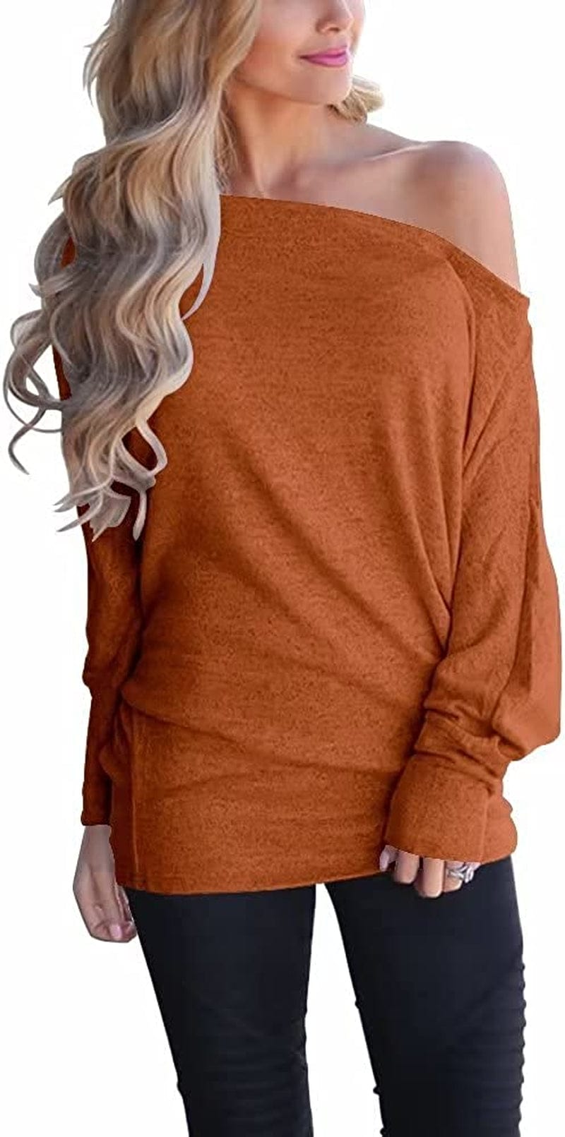 Women'S off Shoulder Long Sleeve Oversized Pullover Sweater Knit Jumper Loose Tunic Tops D Burnt Orange / Small
