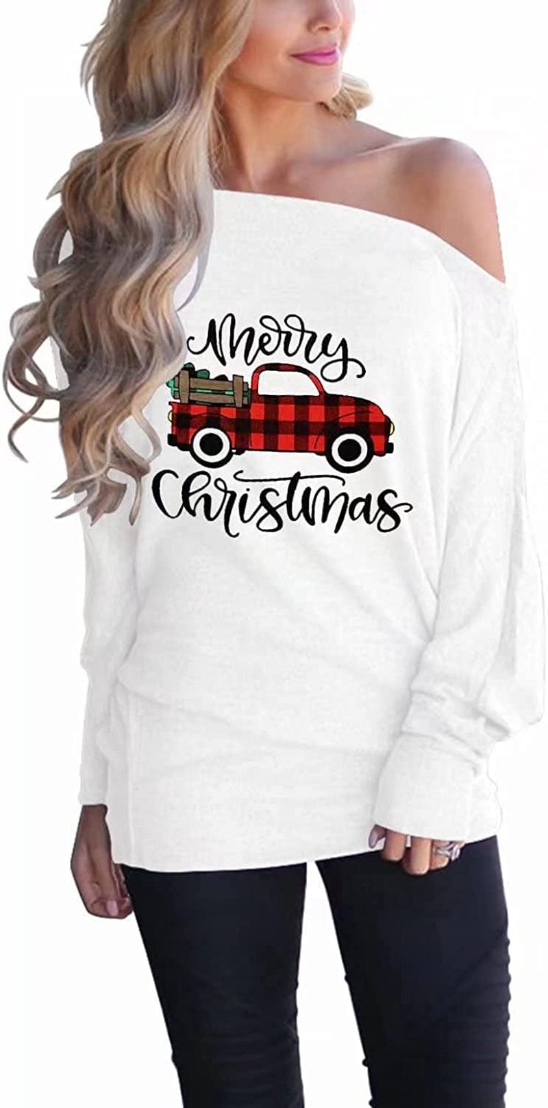 Women'S off Shoulder Long Sleeve Oversized Pullover Sweater Knit Jumper Loose Tunic Tops D0 Christmas Car / Small