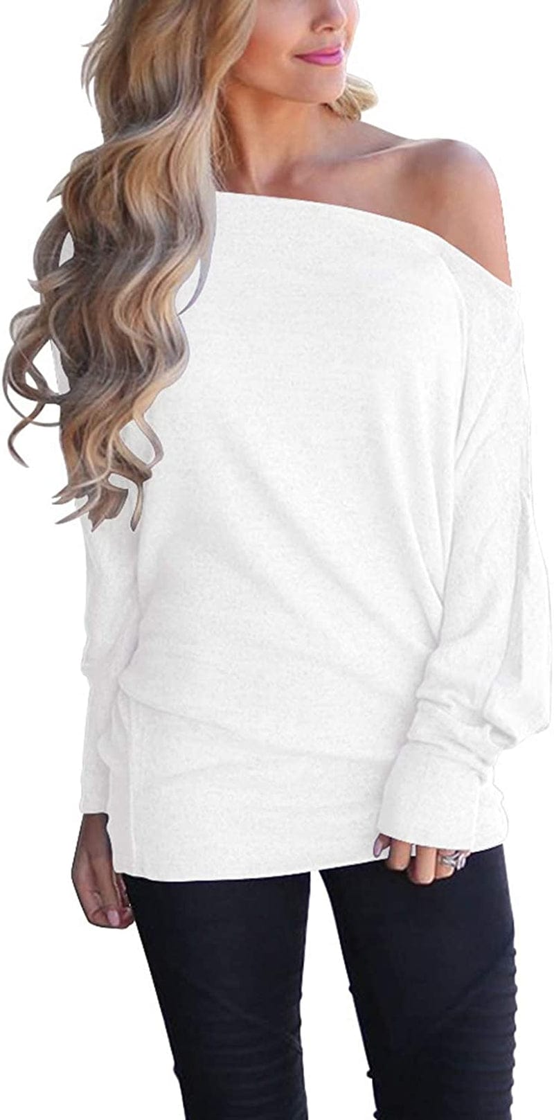 Women'S off Shoulder Long Sleeve Oversized Pullover Sweater Knit Jumper Loose Tunic Tops White / Small