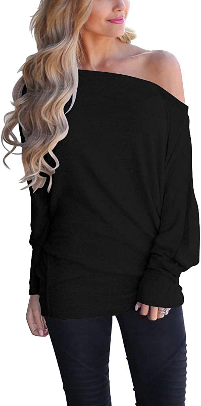 Women'S off Shoulder Long Sleeve Oversized Pullover Sweater Knit Jumper Loose Tunic Tops Black / Small