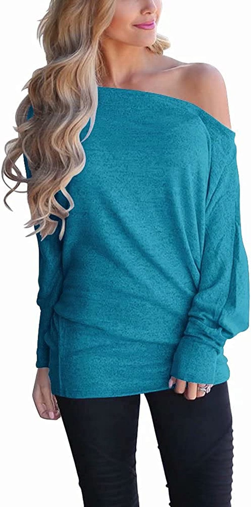 Women'S off Shoulder Long Sleeve Oversized Pullover Sweater Knit Jumper Loose Tunic Tops Lake Blue / Large