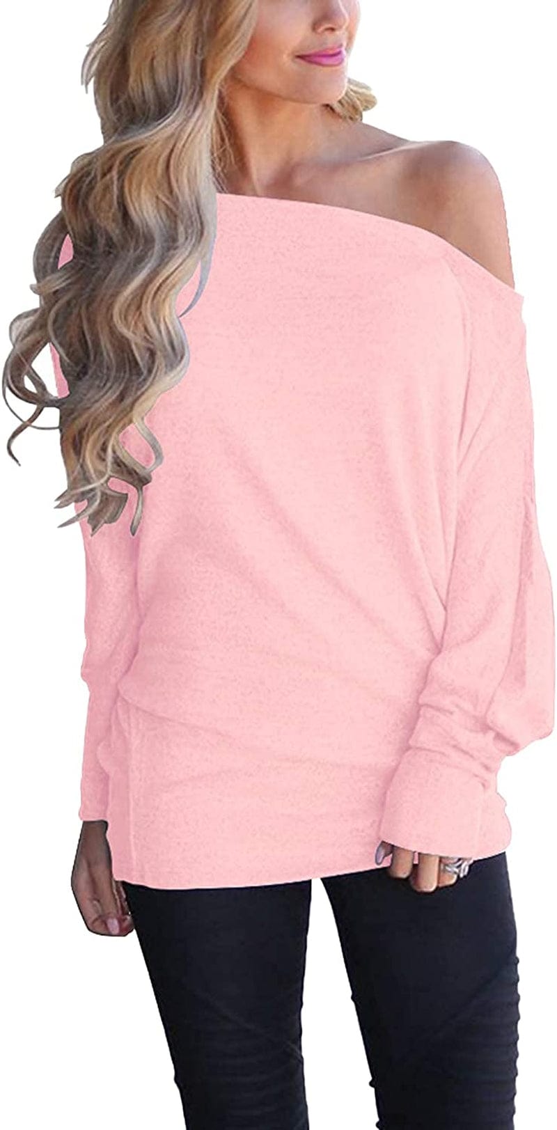 Women'S off Shoulder Long Sleeve Oversized Pullover Sweater Knit Jumper Loose Tunic Tops Pink / Small