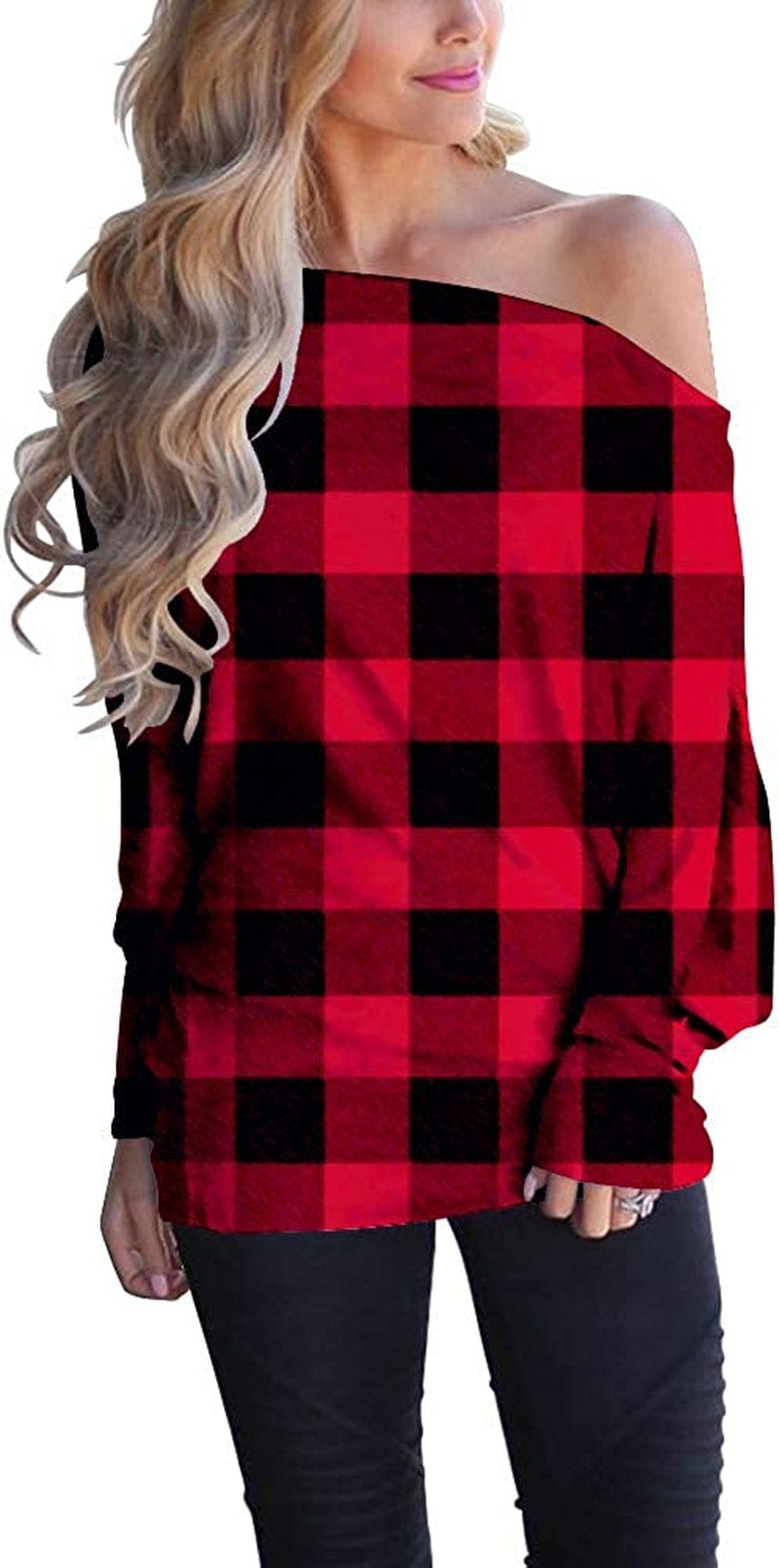 Women'S off Shoulder Long Sleeve Oversized Pullover Sweater Knit Jumper Loose Tunic Tops Plaid-red / Small