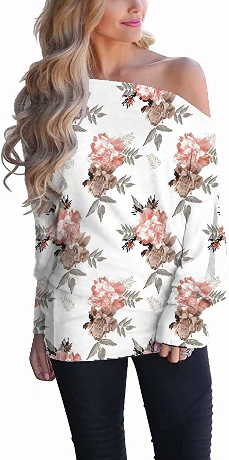Women'S off Shoulder Long Sleeve Oversized Pullover Sweater Knit Jumper Loose Tunic Tops White Print / Large