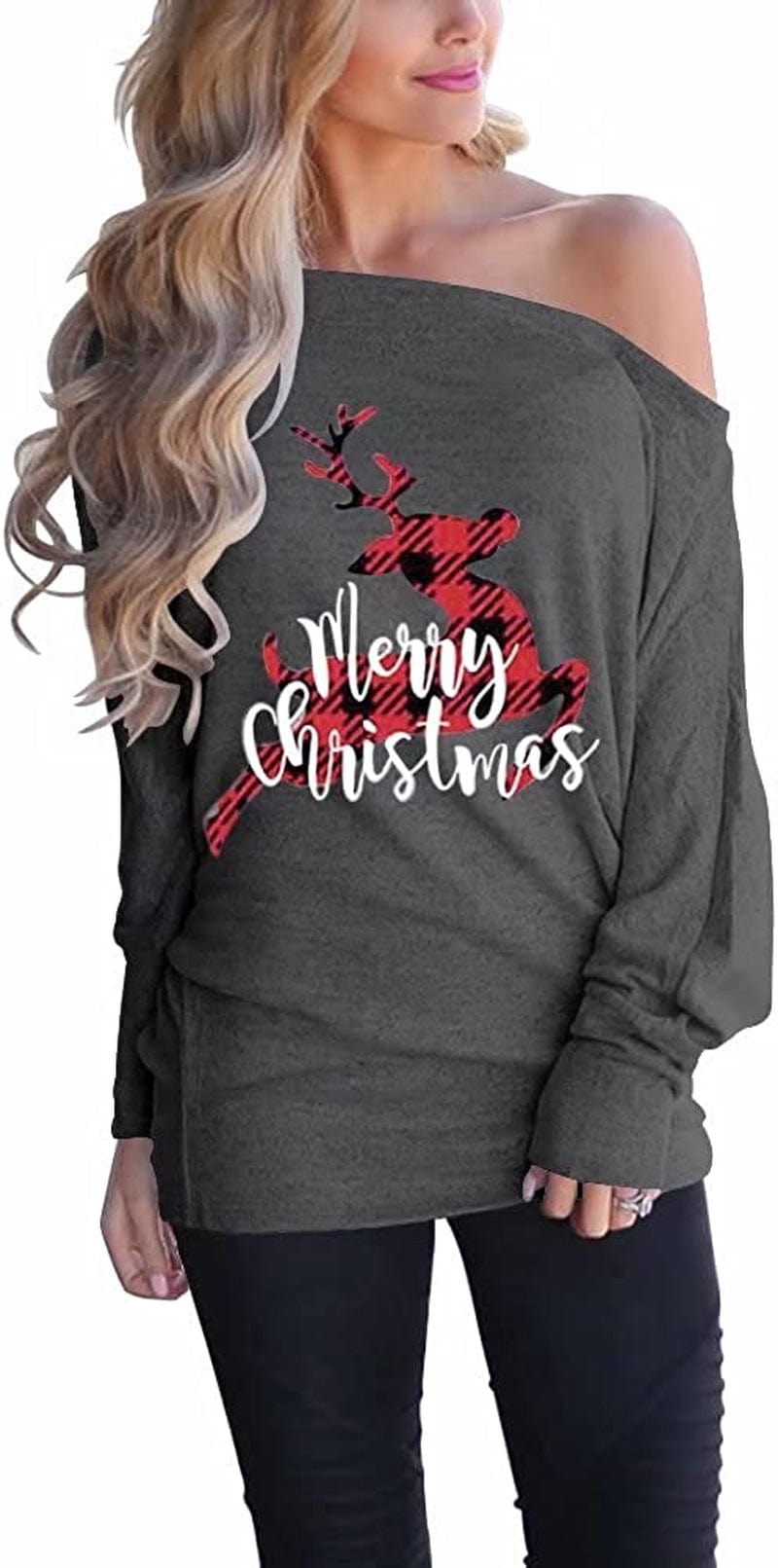 Women'S off Shoulder Long Sleeve Oversized Pullover Sweater Knit Jumper Loose Tunic Tops D0 Christmas Deer / Large