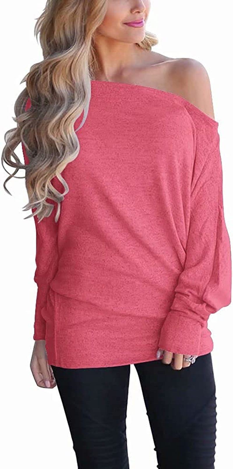 Women'S off Shoulder Long Sleeve Oversized Pullover Sweater Knit Jumper Loose Tunic Tops Watermelon Red / Large