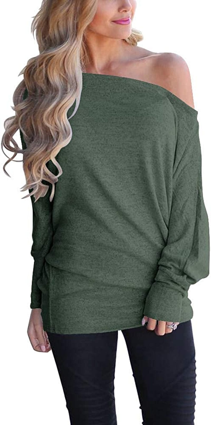 Women'S off Shoulder Long Sleeve Oversized Pullover Sweater Knit Jumper Loose Tunic Tops Green / Large