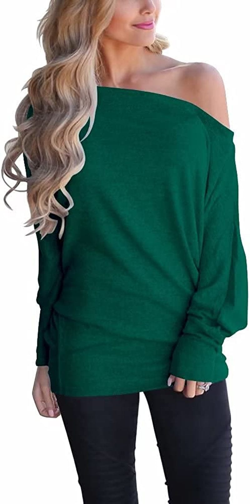 Women'S off Shoulder Long Sleeve Oversized Pullover Sweater Knit Jumper Loose Tunic Tops Blackish Green / Large