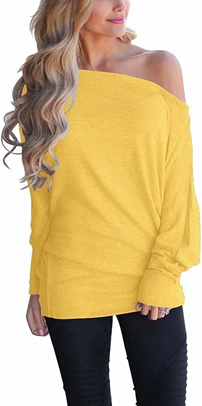 Women'S off Shoulder Long Sleeve Oversized Pullover Sweater Knit Jumper Loose Tunic Tops Yellow / Small