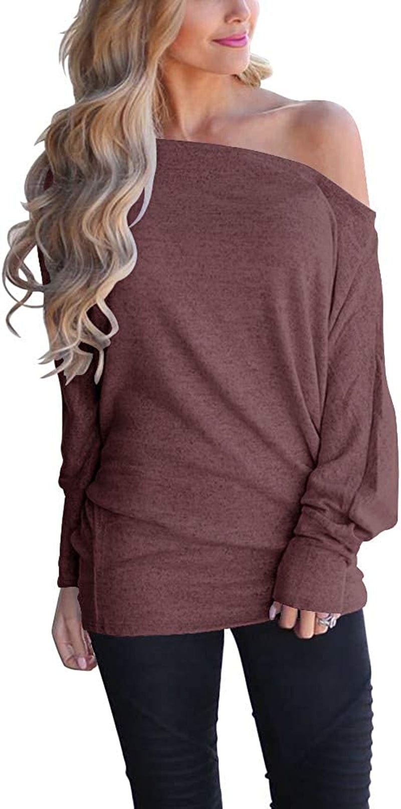 Women'S off Shoulder Long Sleeve Oversized Pullover Sweater Knit Jumper Loose Tunic Tops Burgundy / XX-Large