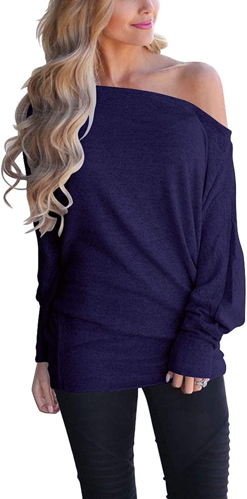 Women'S off Shoulder Long Sleeve Oversized Pullover Sweater Knit Jumper Loose Tunic Tops Navy Blue / Small