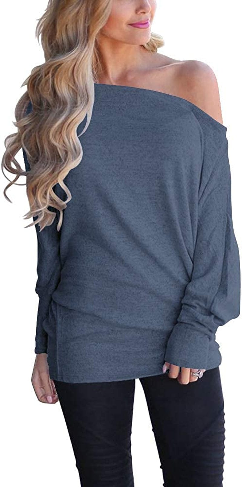 Women'S off Shoulder Long Sleeve Oversized Pullover Sweater Knit Jumper Loose Tunic Tops Grey Blue / Small
