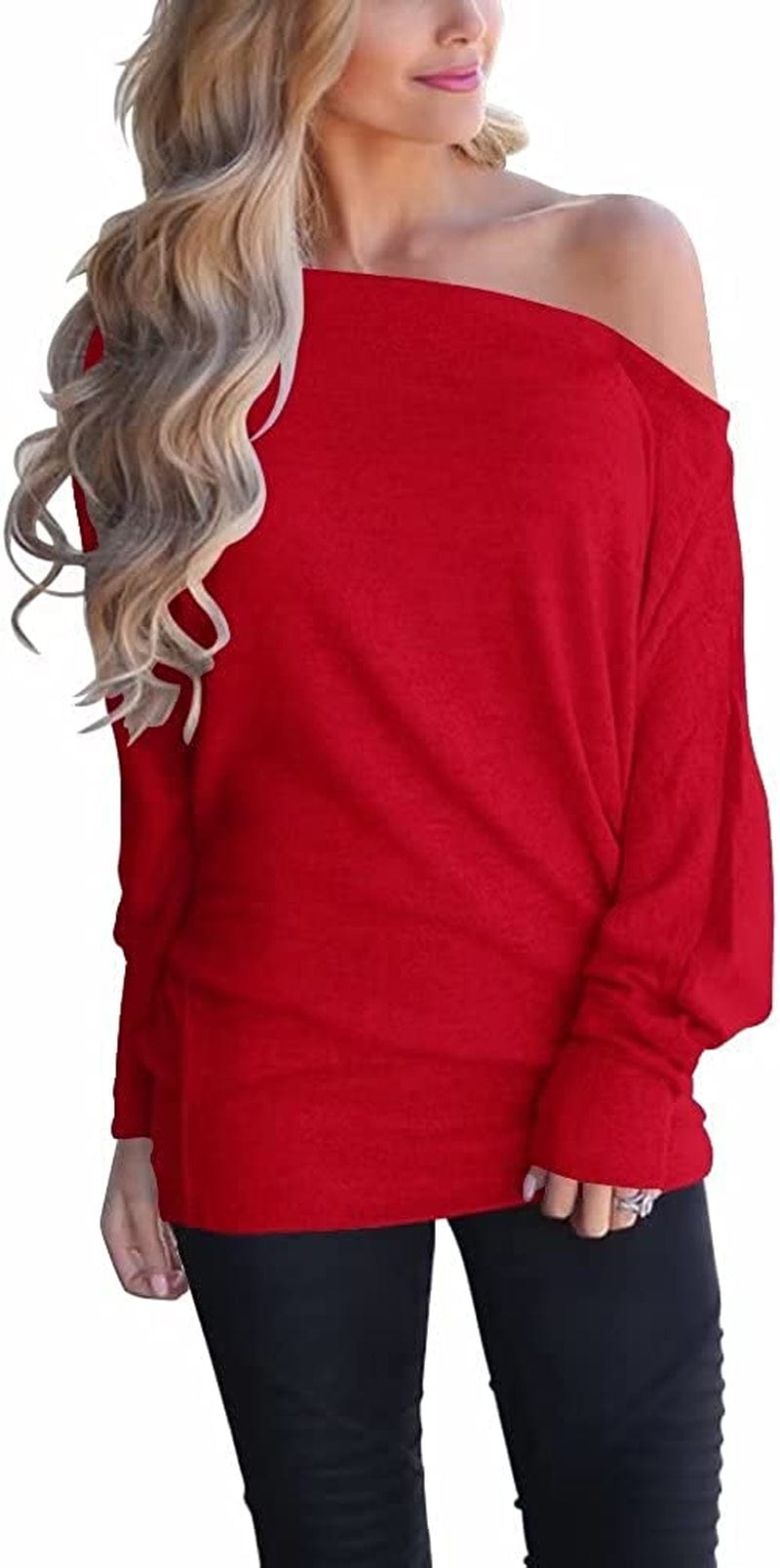 Women'S off Shoulder Long Sleeve Oversized Pullover Sweater Knit Jumper Loose Tunic Tops D Red / Small