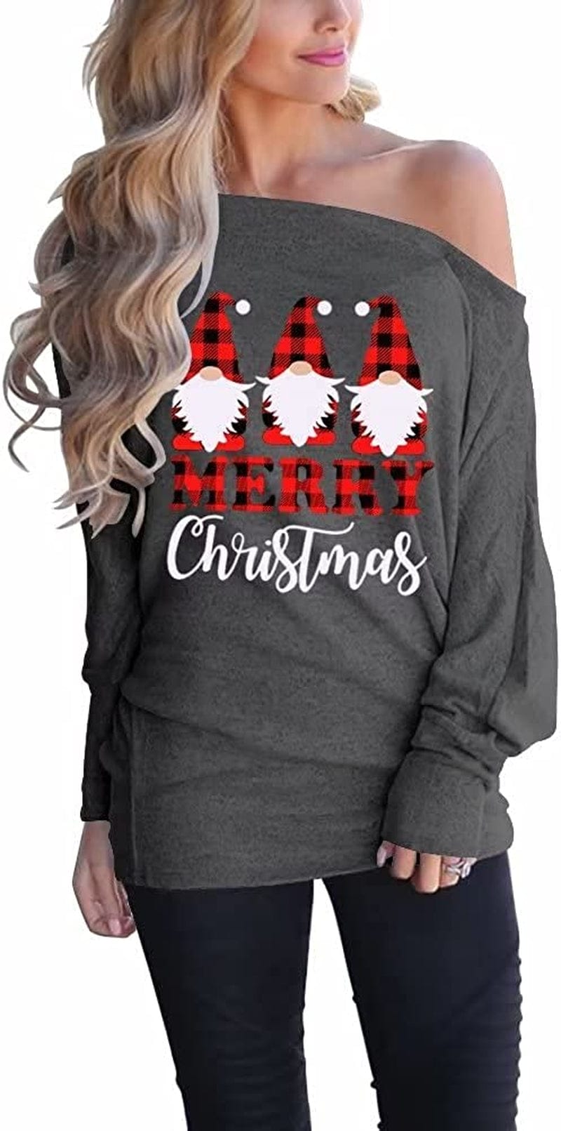 Women'S off Shoulder Long Sleeve Oversized Pullover Sweater Knit Jumper Loose Tunic Tops D0 Dark Grey Santa Claus / Small