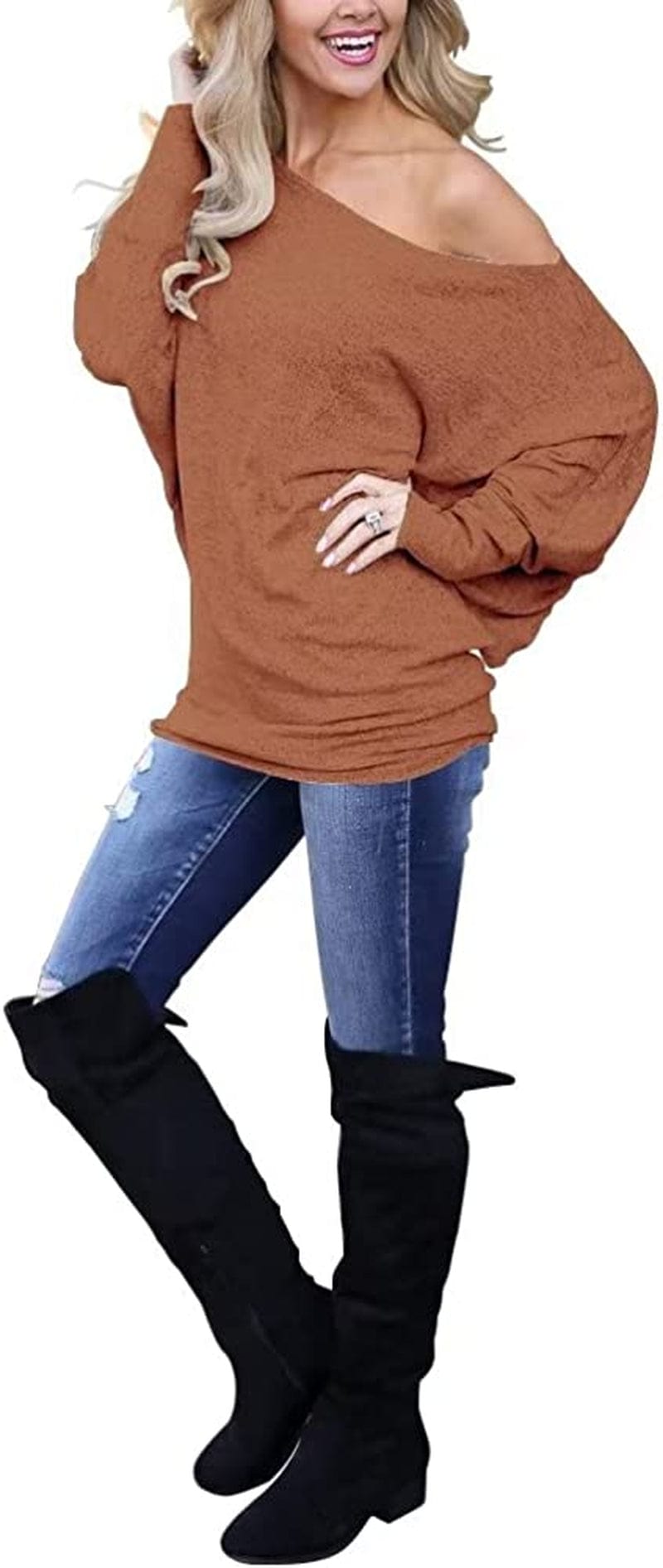 Women'S off Shoulder Long Sleeve Oversized Pullover Sweater Knit Jumper Loose Tunic Tops