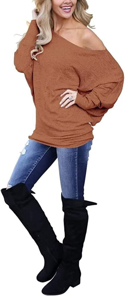 Women'S off Shoulder Long Sleeve Oversized Pullover Sweater Knit Jumper Loose Tunic Tops