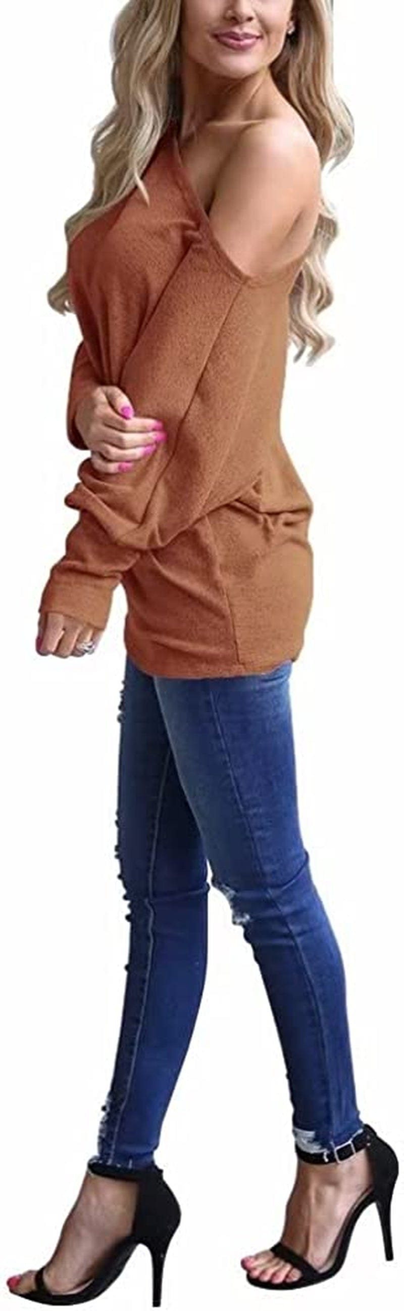 Women'S off Shoulder Long Sleeve Oversized Pullover Sweater Knit Jumper Loose Tunic Tops