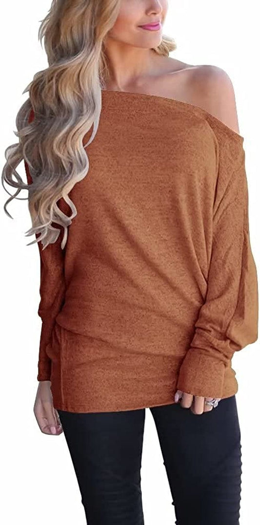 Women'S off Shoulder Long Sleeve Oversized Pullover Sweater Knit Jumper Loose Tunic Tops Brown / Large