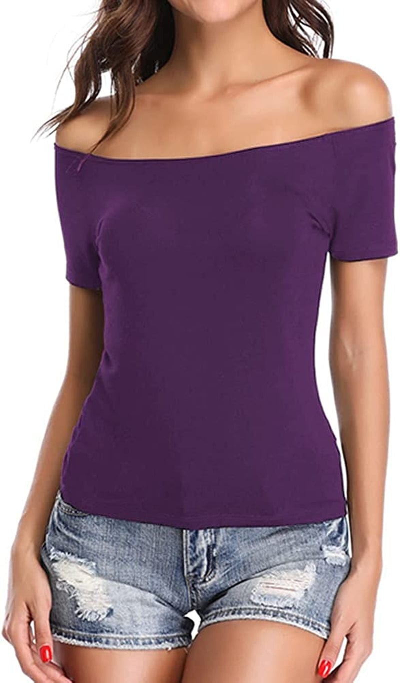 Women'S off Shoulder Tops, One Shoulder Shirts, Short Sleeves Sexy Slim Fit Tees Purple / Small