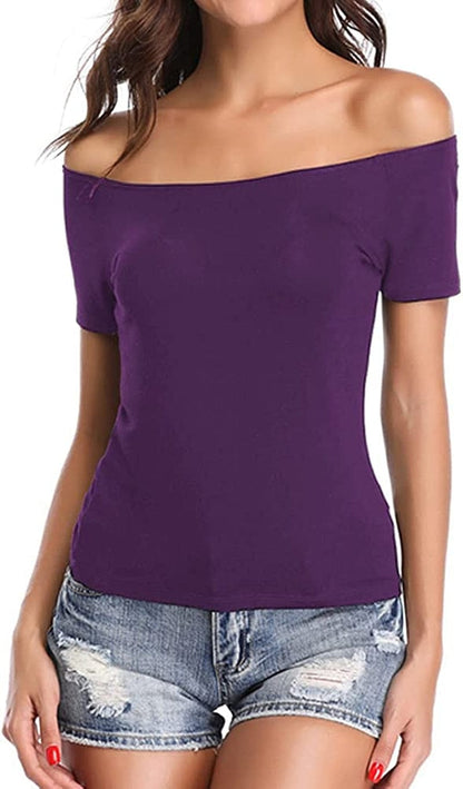 Women'S off Shoulder Tops, One Shoulder Shirts, Short Sleeves Sexy Slim Fit Tees Purple / Small