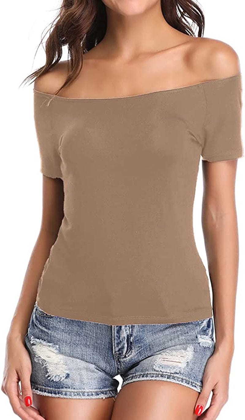 Women'S off Shoulder Tops, One Shoulder Shirts, Short Sleeves Sexy Slim Fit Tees Khaki / Small