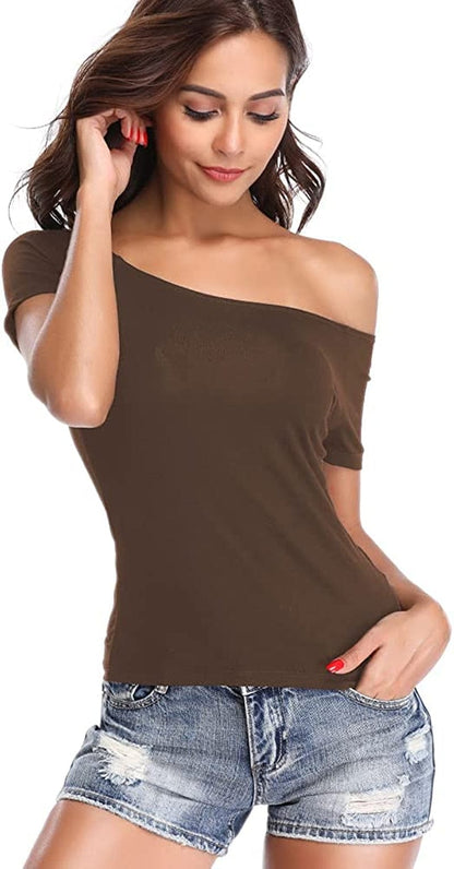 Women'S off Shoulder Tops, One Shoulder Shirts, Short Sleeves Sexy Slim Fit Tees