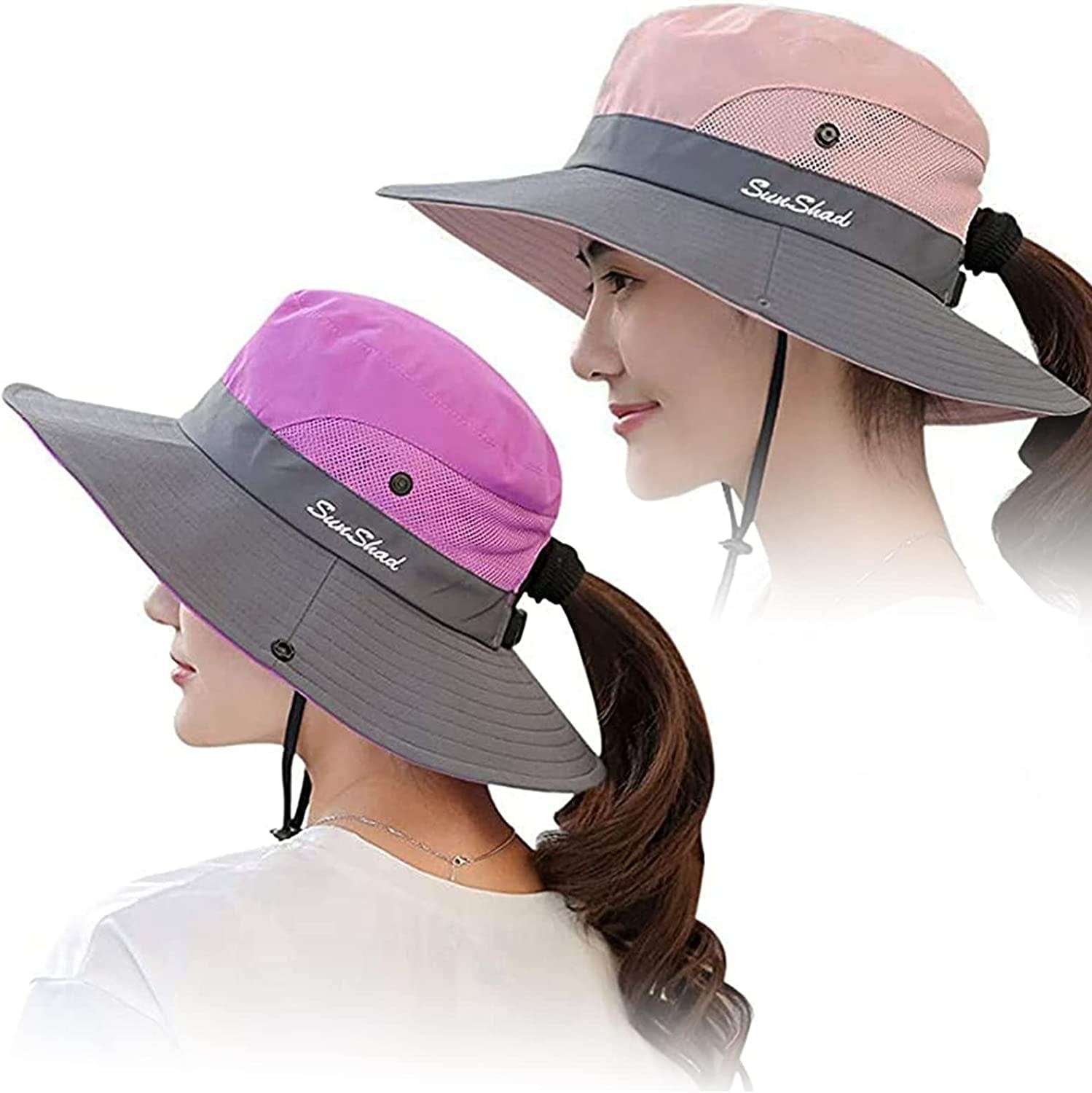 Women'S Outdoor Uv-Protection-Foldable Sun-Hats Mesh Wide-Brim Beach Fishing Hat with Ponytail-Hole Apparel & Accessories > Clothing Accessories > Hats INOGIH Pink+purple  