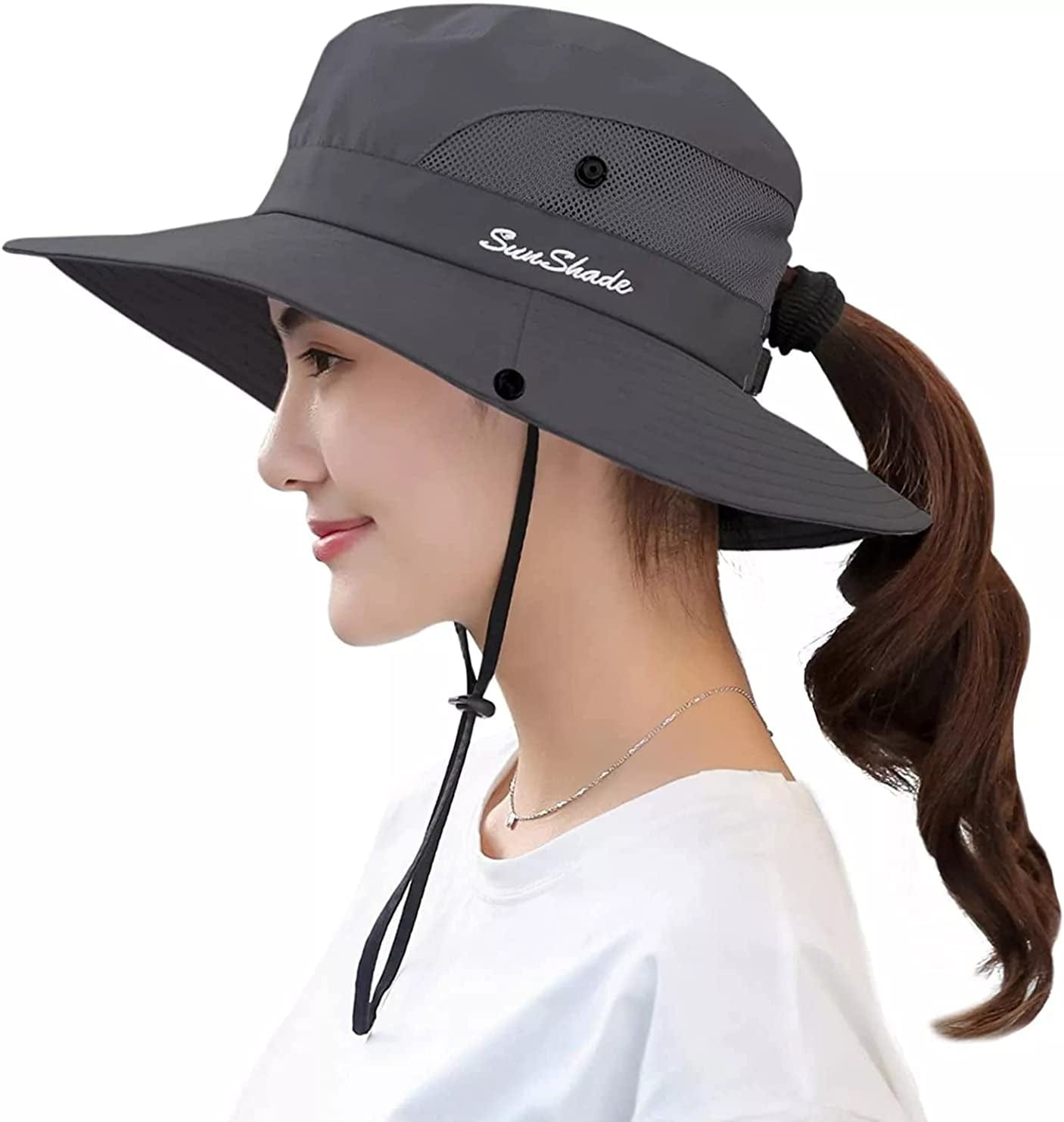 Women'S Outdoor Uv-Protection-Foldable Sun-Hats Mesh Wide-Brim Beach Fishing Hat with Ponytail-Hole Apparel & Accessories > Clothing Accessories > Hats INOGIH Dark Grey  