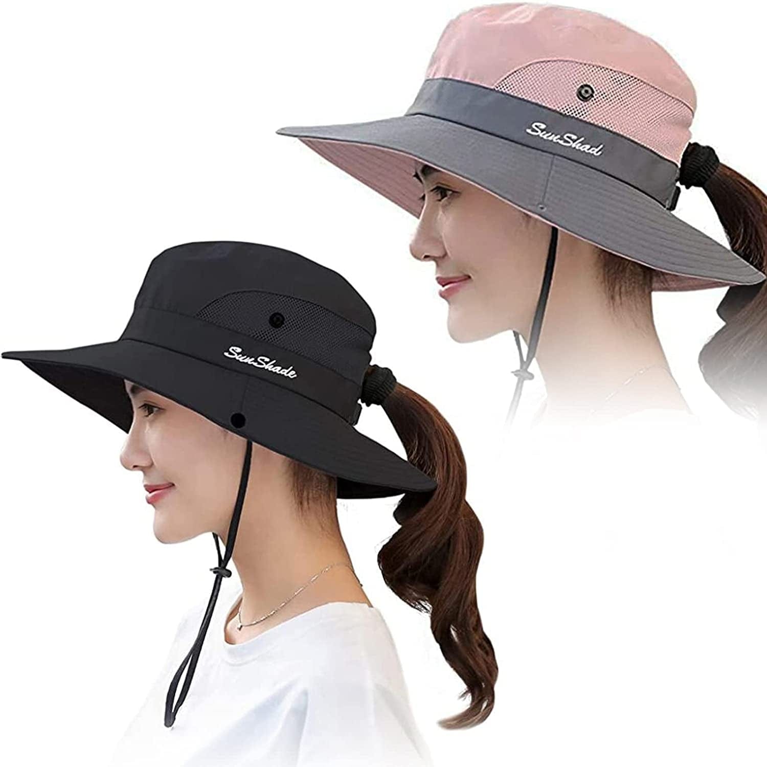 Women'S Outdoor Uv-Protection-Foldable Sun-Hats Mesh Wide-Brim Beach Fishing Hat with Ponytail-Hole Apparel & Accessories > Clothing Accessories > Hats INOGIH Pink+black  