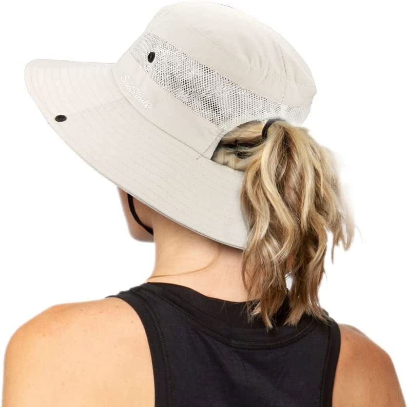 Women'S Outdoor Uv-Protection-Foldable Sun-Hats Mesh Wide-Brim Beach Fishing Hat with Ponytail-Hole Apparel & Accessories > Clothing Accessories > Hats INOGIH Beige  